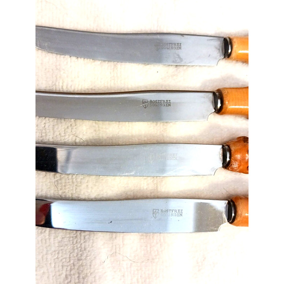 1970's 4 Set Rostfrei Solingen Butter Knives BAMBOO Handle Fruit Rare German VNT - Picture 7 of 9